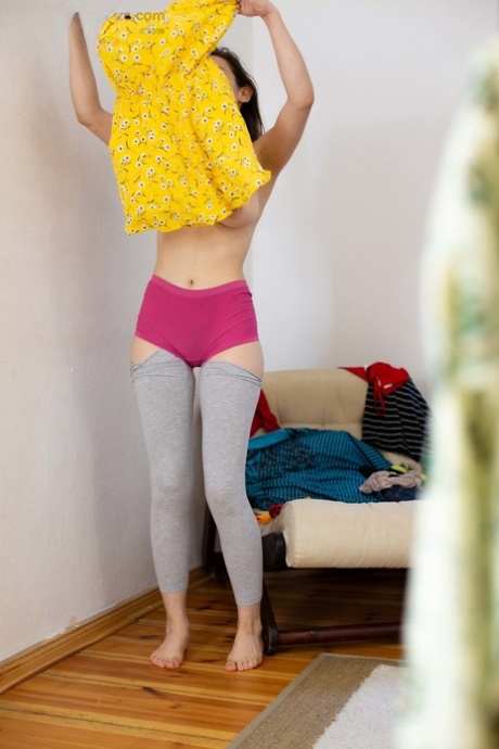 Busty amateur teen Charlee dresses in pink undies & an adorable yellow dress