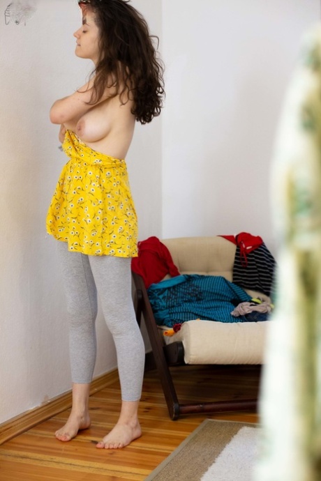 Busty amateur teen Charlee dresses in pink undies & an adorable yellow dress