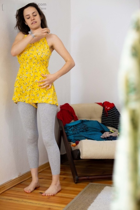 Busty amateur teen Charlee dresses in pink undies & an adorable yellow dress