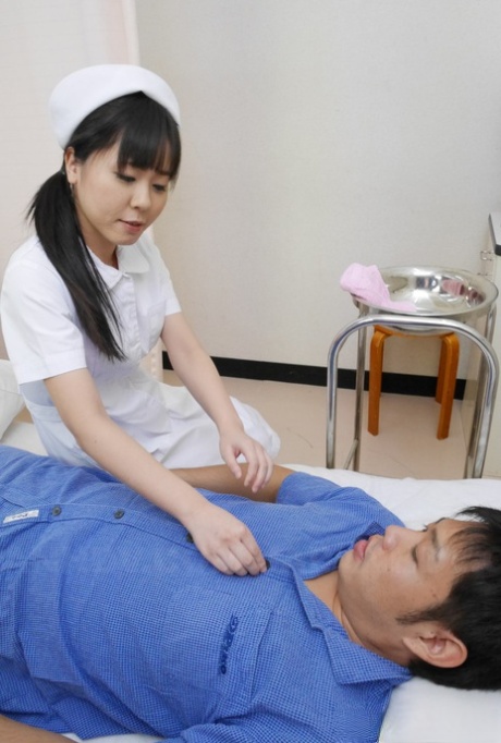 A nice BJ is given to the patient by Asian nurse Miyuki Ojima after she strips him.