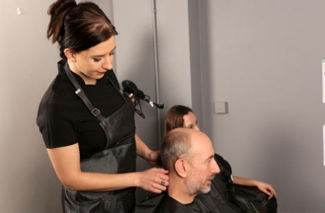 Horny Hairdresser Abigail Angel And Her Two Apprentices Please An Old Guy