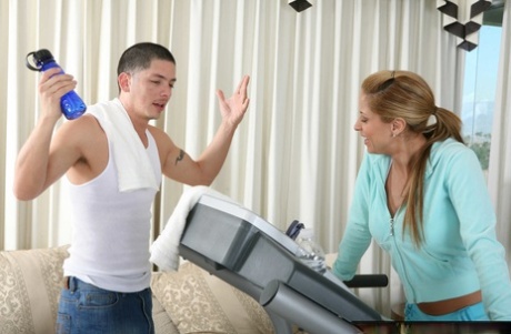 Miss Latina MILF August demonstrates her big tits and sexually stimulated body after exercising.