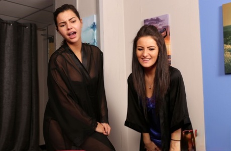 Hot brunettes Lola & Lilly strip to their lingerie in front of their roommate