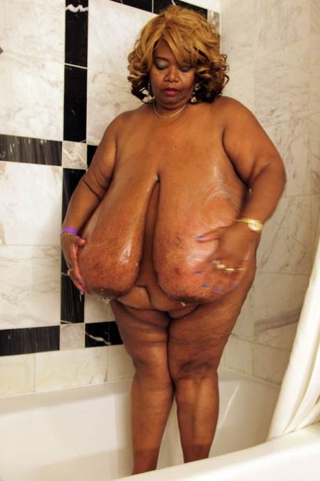 Mature Ebony BBW Norma Stitz Washing Her Giant Natural Tits In The Shower