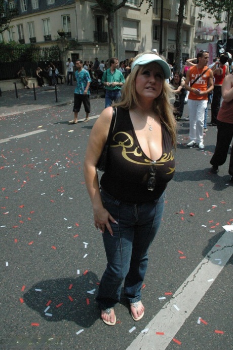 In the midst of a controversy, blonde BBW Leah Jayne displays her full natural breasts in public.