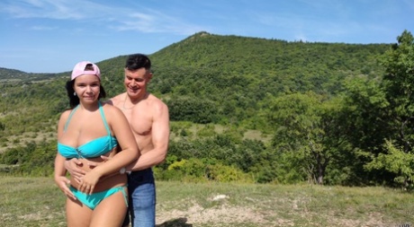 Stunning: Sofia Lee, a beautiful 16-year-old from Czechoslovakia, shows off her big natural tits outside