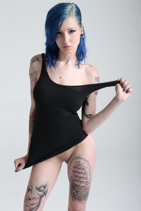 Teen With Blue Hair Exposes Her Slender Body, Big Tits And Hot Tattoos