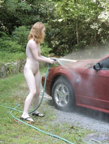 Amateur teen Nicki Blue unveils her tiny tits & hot muff while washing the car