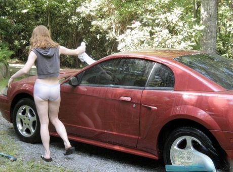 Amateur teen Nicki Blue unveils her tiny tits & hot muff while washing the car