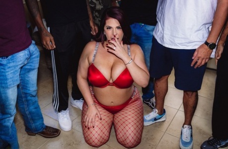 Chubby wife in red lingerie Jessica Jax poses with cum on her face