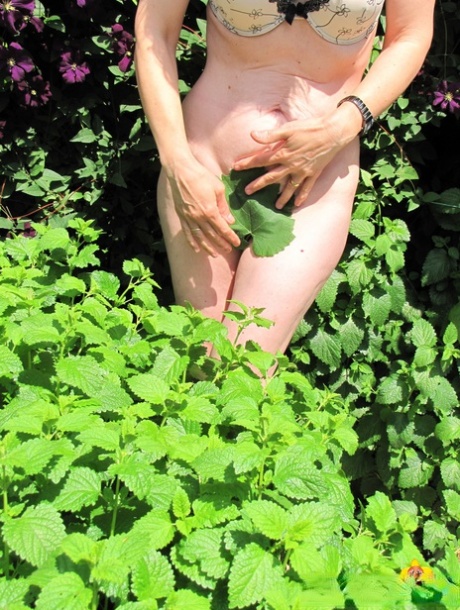 In the garden, Doris Dawn, a young ginger, strips and displays her alluring physique.