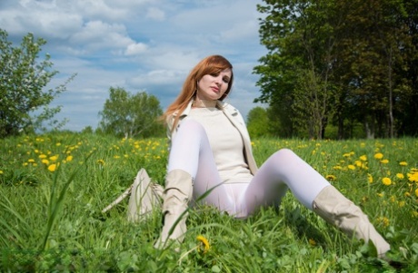 Redheaded Russian Model Jeny Smith Posing Pantyless In Pantyhose Outdoors
