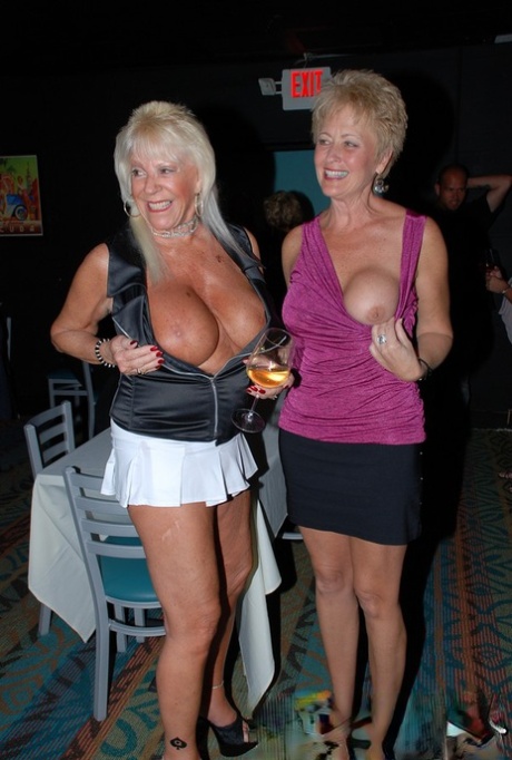 Granny Tracy Lick & Kinky Swingers Teasing Pantyless With Their Big Tits