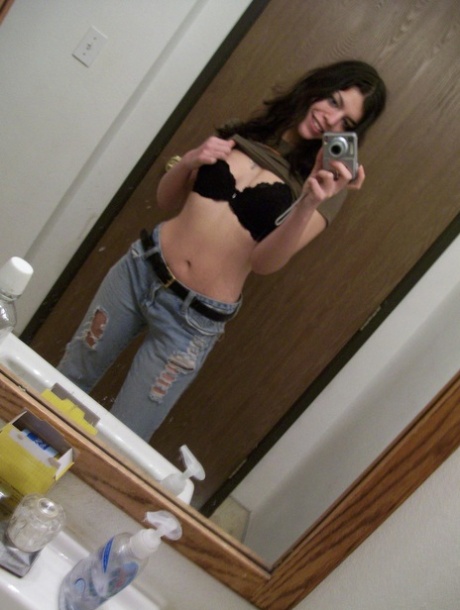 Dark haired teen takes selfies of her nice ass & natural tits in the mirror