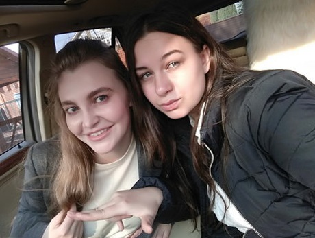 Long Haired European Lovers Take A Selfie In The Car Before Lesbian Sex Action