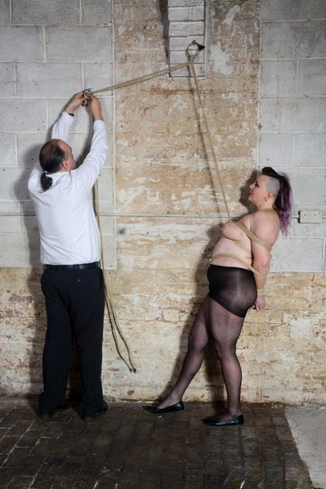 Chubby Slave Woman Bunny Gets Rope Bound & Suspended Wearing Pantyhose