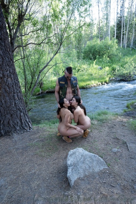 Horny Latina MILFs Natalie Brooks and Luna Star fuck a hung hiker in the woods