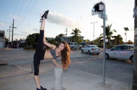 Skinny Brunette Babe Irene Rouse Shows Her Incredibly Flexible Body In Public