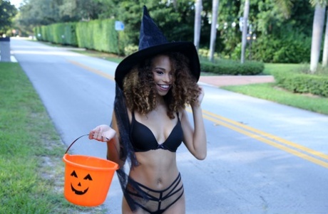 Sweet Curly Haired Ebony Cecilia Lyon Gets Her Twat Rammed On Halloween