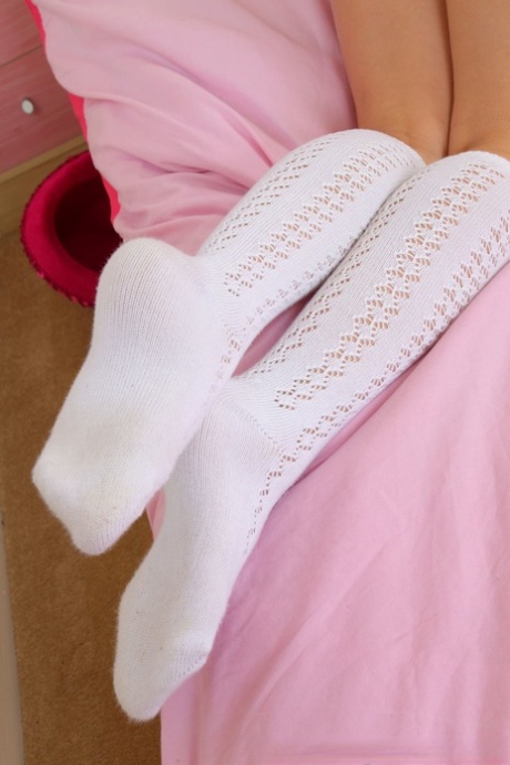 Sexy Blonde Gaby T Peels Her School Uniform To Pose In Panties & Knee Socks