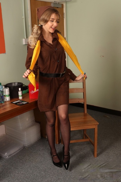 Cute Teen Blonde Gabie Strips Her Girl Scout Uniform For A Fat Old Voyeur
