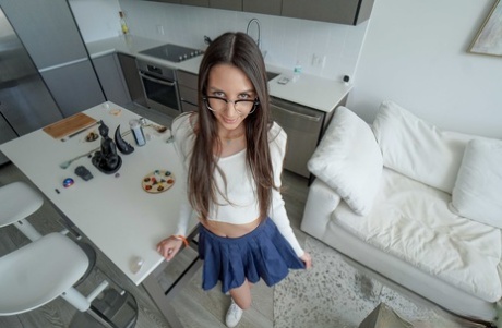 Skinny nerdy teen Natalia Nix shows her mouth as a place for a big dick