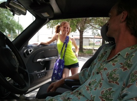 While visiting an elderly man in his car, Alyssa Hart, a young bird with pigtail hair, gives him a blowjob.