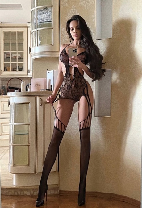 Glamorous Brunette Shows Off Her Skinny Body In Black Lingerie & High Heels