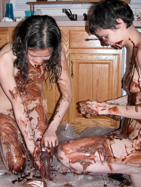 Playful Lesbians Colette & Roxanne Cover Each Other's Bodies With A Chocolate