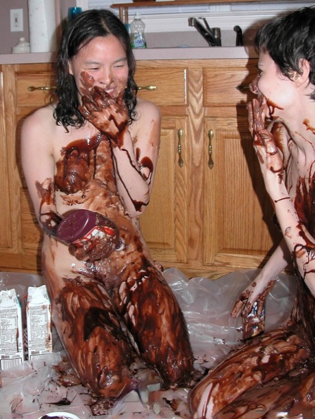 Playful Lesbians Colette & Roxanne Cover Each Other's Bodies With A Chocolate