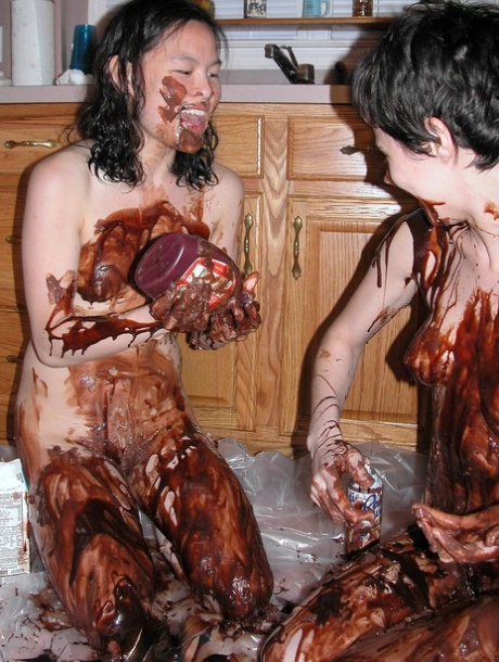 Playful Lesbians Colette & Roxanne Cover Each Other's Bodies With A Chocolate