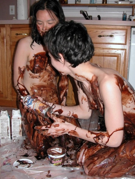 Playful Lesbians Colette & Roxanne Cover Each Other's Bodies With A Chocolate