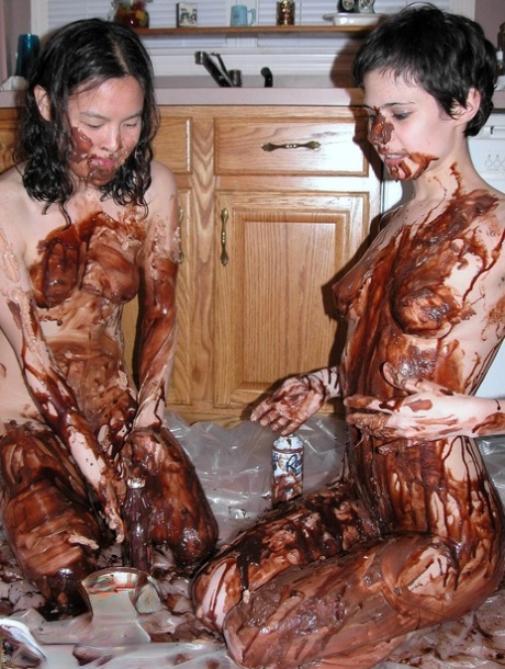 Playful Lesbians Colette & Roxanne Cover Each Other's Bodies With A Chocolate