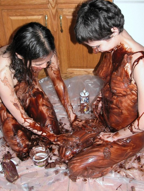 Playful Lesbians Colette & Roxanne Cover Each Other's Bodies With A Chocolate