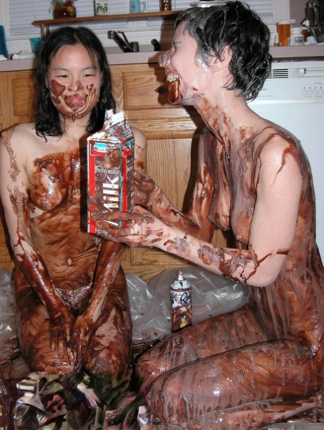 Playful Lesbians Colette & Roxanne Cover Each Other's Bodies With A Chocolate