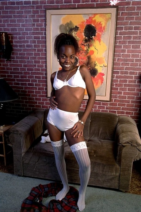 Ebony Schoolgirl Jezebel Toys Herself As She Strips To Her White Stockings
