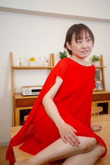 Japanese Mom Yuki Kozakura Posing In Her Red Dress And Panties In A Solo
