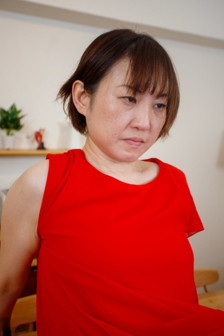Japanese Mom Yuki Kozakura Posing In Her Red Dress And Panties In A Solo