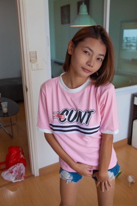 A Thai female called Barbie shows off her skinny body and touches hands for a cuntilla practice.