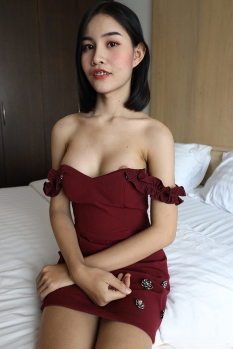 The Asian shemale with black hair displays her firm tits and is seen wearing lace undies.