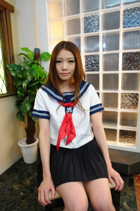 Japanese Schoolgirl Aoi Yuki Ties Her Legs With A Rope And Toys Her Hairy Muff