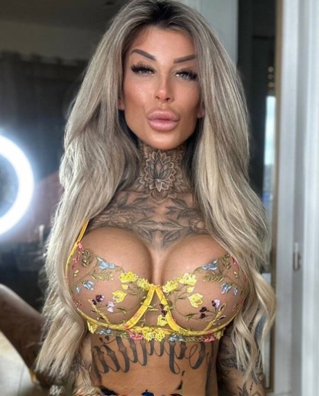 Inked Amateur Bombshell Jacky Posing In Her Exotic Yellow Lingerie
