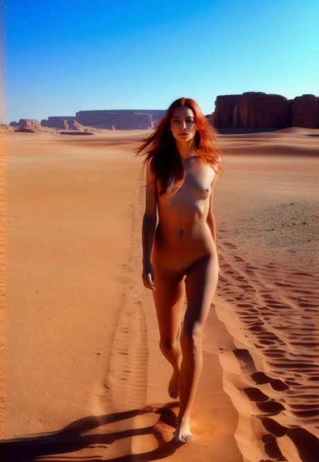 Redhead Panter, a slim redheaded model, is seen in the desert appearing unclothed and isolated.