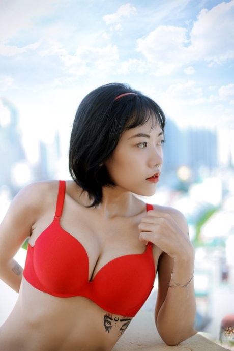 Beautiful Vietnamese Girl Hellen Poses In Her Red Lingerie In Public