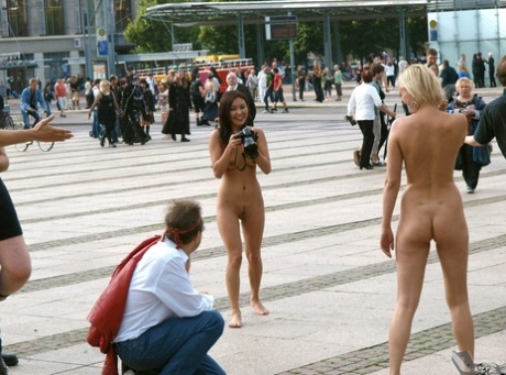 In public and before cameras, shameless amateur girls pose without clothes.