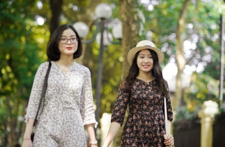 Gorgeous Asian Brunette Girls Posing In Their Summer Dresses In Public