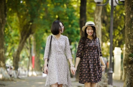 Gorgeous Asian Brunette Girls Posing In Their Summer Dresses In Public