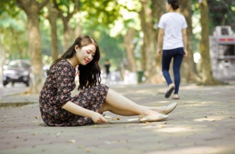 Gorgeous Asian Brunette Girls Posing In Their Summer Dresses In Public