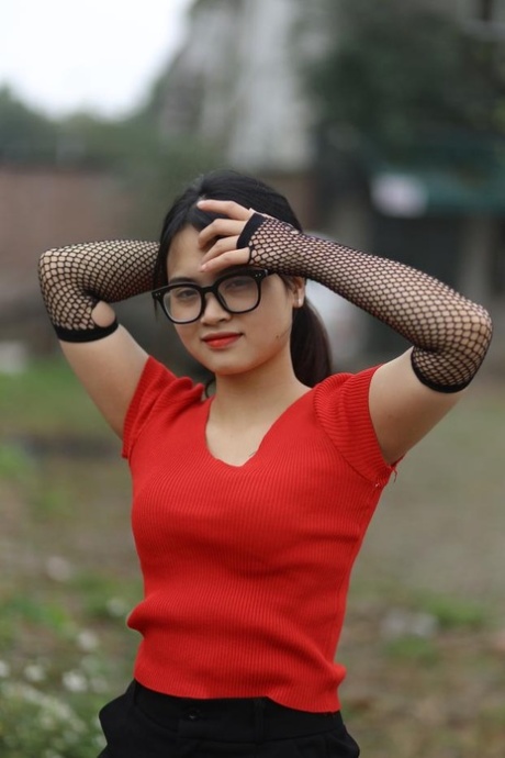 Pretty Asian Babe With Glasses Julia Myle Poses In Her Sexy Outfit In The Rain