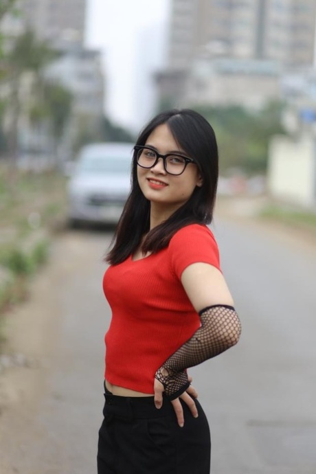 Pretty Asian Babe With Glasses Julia Myle Poses In Her Sexy Outfit In The Rain